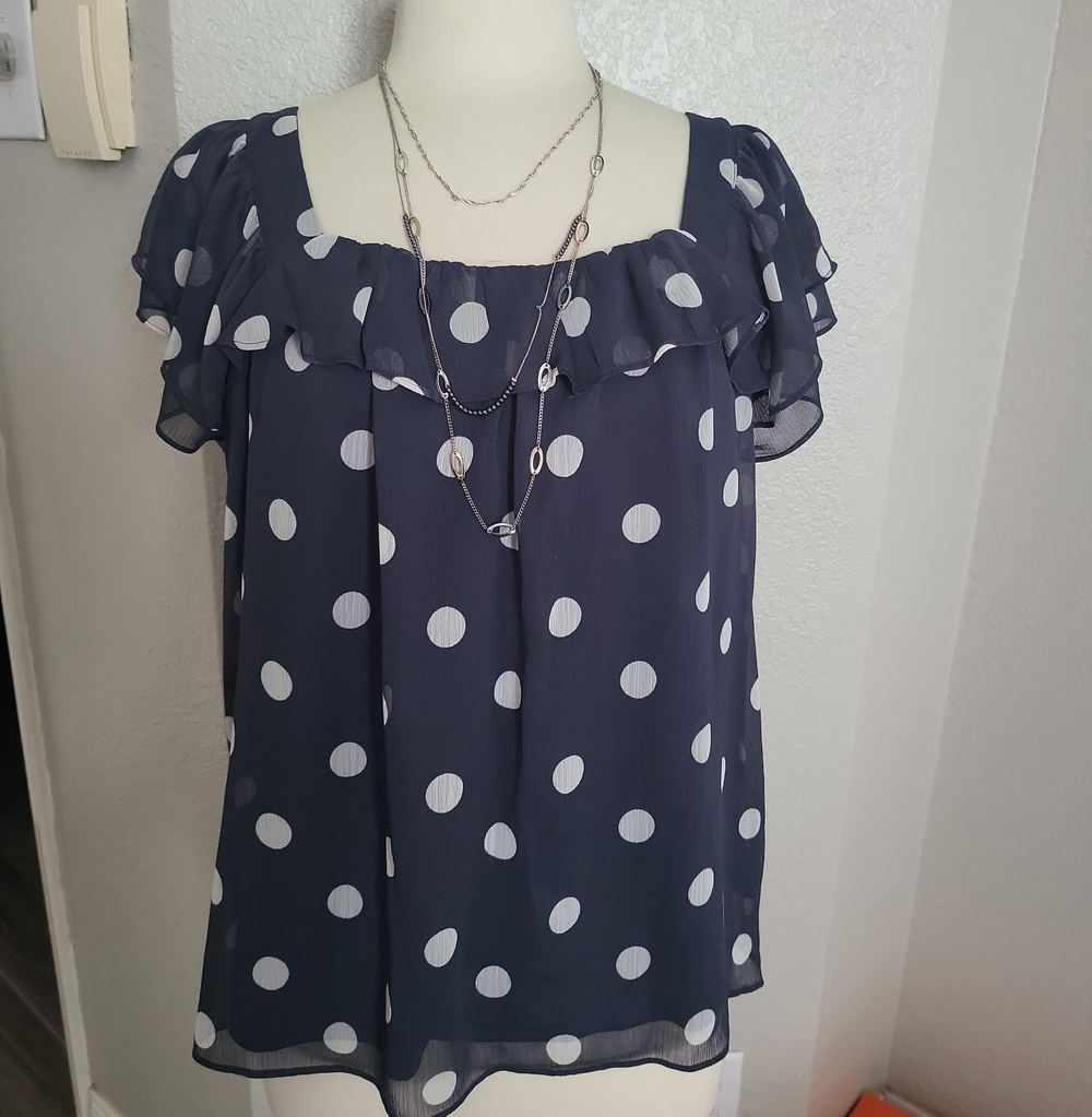 LC Lauren Conrad Navy and White Polka Dot Ruffle Neck Blouse
